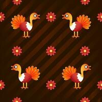 Cartoon Turkey Birds With Flowers Decorated On Brown Stripe Background. vector