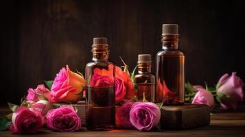 The Essence of Serenity - Bottles of Rose Oil and Fresh Flowers on a Wooden Table, photo