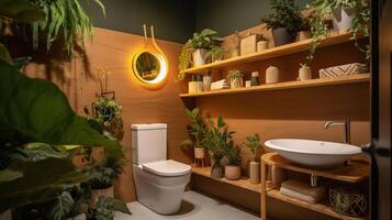 Stylish Interior of restroom with toilet bowl, shelving unit and houseplants, photo