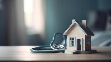 House check. miniature house and stethoscope, blue baground, photo