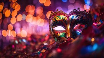 carnaval fiesta - veneciano máscara con resumen desenfocado bokeh luces y brillante serpentinas - mascarada disfraz concepto, generativo ai foto