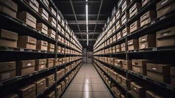 filas de estantería con bienes cajas en moderno industria almacén Tienda a fábrica almacén almacenamiento, generativo ai foto