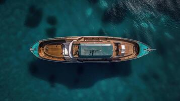 Aerial drone top down photo of luxury yacht nose with wooden deck anchored ,