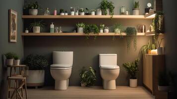 Stylish Interior of restroom with toilet bowl, shelving unit and houseplants, photo