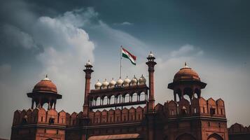 rojo fuerte Delhi India con India bandera volador alto, generativo ai foto