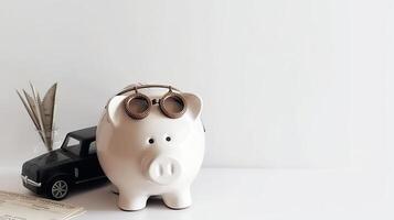 salvar tu dinero para viajar. cerdito banco con monedas, avión y financiero documentos, generativo ai foto