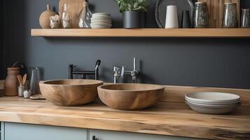 de madera mostrador con plata lavabo y utensilios cerca ligero pared en cocina, generativo ai foto