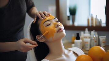 cosmetóloga aplicando máscara con vitamina C en spa salón, generativo ai foto