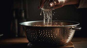 Woman pouring water from boiled spaghetti into colander in sink, closeup, photo