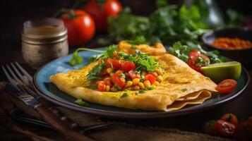 Indian chickpea crepes Pudla served on a plate with tomatoes, lime, cilantro, mash salad, chilli, ginger, bell pepper, photo