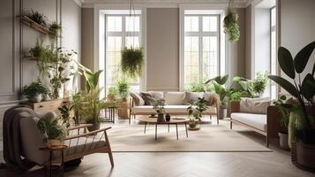 interior de ligero vivo habitación con sofá, sillas y plantas de interior, generativo ai foto