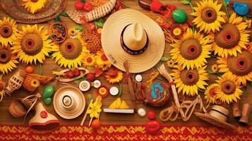 festa junina verano festival carnaval concepto. brasileño Paja sombrero y vistoso banderas en de madera fondo, parte superior vista, generativo ai foto