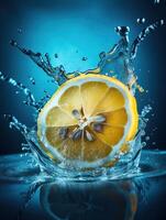 Splash of sliced lemon with water drops over blue background, photo