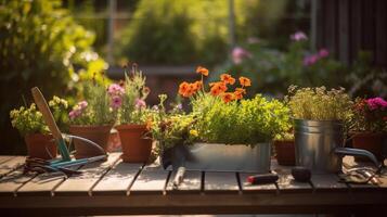 Gardening tools and flowers on the terrace in the garden, photo