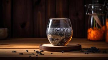 Glass with drink and chia seeds on wooden background, generative baground photo