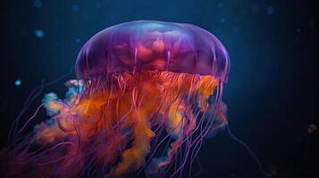 rojo Medusa bailando en el oscuro azul Oceano agua, generativo ai foto
