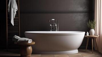 Modern ceramic bathtub with towel near brown wall in room, photo