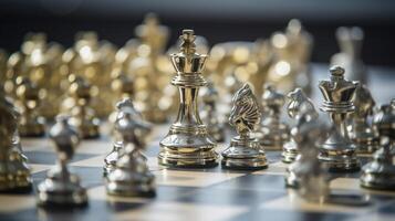 Gold queen chess surrounded by a number of fallen silver chess pieces, business strategy concept, generative ai photo