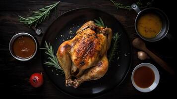 Roasted chicken with rosemary served on black plate with sauces on wooden table, photo