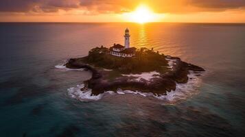 Aerial view of a lighthouse of a luxury resort with bungalows on a small island at sunset, generative ai photo