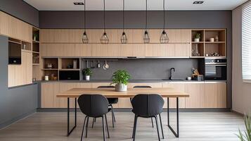 Beautiful kitchen interior with new stylish furniture. photo