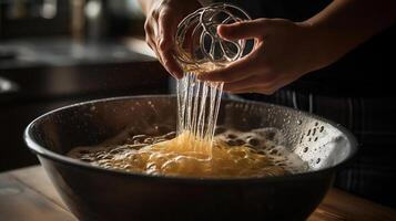 Woman pouring water from boiled spaghetti into colander in sink, closeup, photo