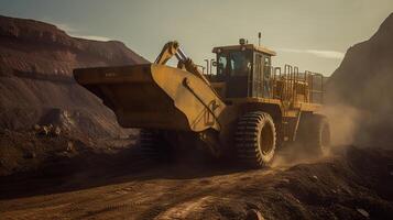 Work of heavy equipment in an open pit for gold ore mining, soft focus, photo