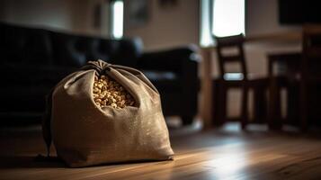 Bag with wood pellets and firewood in living room, photo