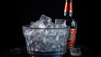 Bottles of cold and fresh vodka with ice isolated, photo