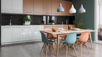 New stylish furniture on kitchen interior. Generative ai photo