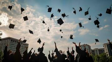 graduados estudiante graduación tapas arrojado en el aire azul cielo, generativo ai foto