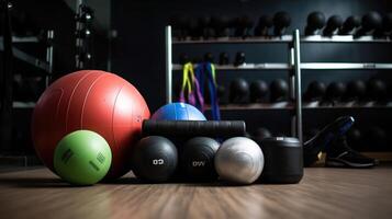 Different sports equipment and fitness ball in gym, generative ai photo