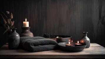 Beautiful composition with spa stones on grey marble table, photo