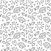 Seamless pattern with sea beach elements. Vector illustration, doodle style. Summer black and white background. Drawing of starfish and shells, fishes, splashes of water.