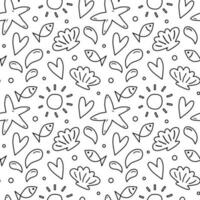 Seamless pattern with sea beach elements. Vector illustration, doodle style. Summer black and white background. Drawing of starfish and shells, fishes, splashes of water.