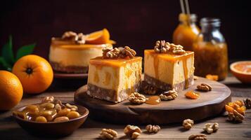 Pieces of delicious caramel cheesecake with walnuts and orange served on wooden table, photo