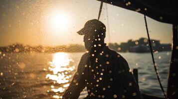 foto Disparo de agua salpicar desde pescador mientras lanzamiento pescar red desde bote. silueta de asiático pescadores con pescar red en Mañana Brillo Solar a lo largo puerto, generativo ai