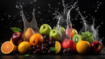 frutas en negro antecedentes con agua chapoteo, generativo ai foto