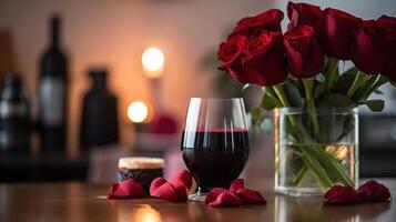 Vase with beautiful flowers, glasses of wine and gifts for Valentine's Day on table in kitchen, photo