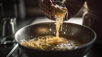 Woman pouring water from boiled spaghetti into colander in sink, closeup, photo