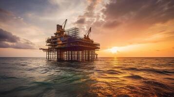 costa afuera petróleo y plataforma plataforma en puesta de sol o amanecer tiempo. construcción de producción proceso en el mar. poder energía de el mundo, generativo ai foto