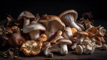 Variety of uncooked wild forest mushrooms on the table, black background. photo