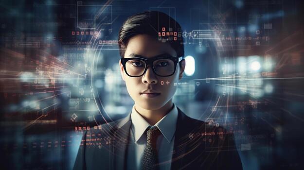 joven negocio persona y gráfico usuario interfaz concepto. artificial inteligencia. Internet de cosas. información comunicación tecnología. inteligente ciudad. digital transformación, generativo ai foto