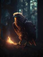 águila en un oscuro ominoso bosque, magia resplandor y brillar, generativo ai foto