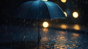 Rain And Lightning On Black Umbrella On Defocused Background - Abstract Weather Concept, photo