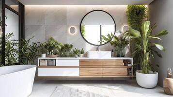 Interior of modern bathroom with houseplants, chest of drawers and mirror, photo