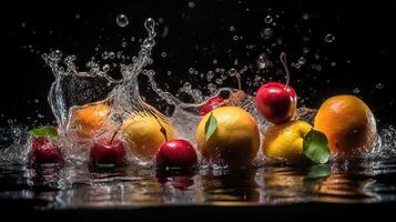 Fresh fruit with water splash, isolated on black background, photo