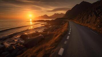 la carretera por el mar en amanecer tiempo, lofoten isla, Noruega, generativo ai foto