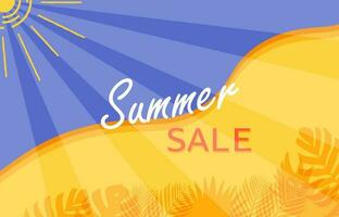 Summer sale banner. Lettering summer sale on yellow and blue backgrounds. Diverging rays of the sun. End Of Summer. Sale banner design template vector