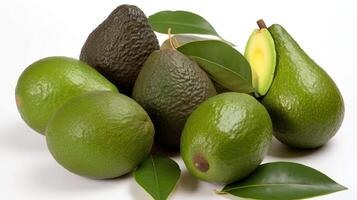 Fresh avocados and leaves isolated on white, photo